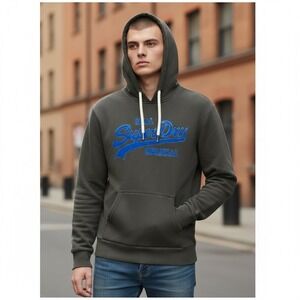 Superdry Mens Sweatshirt Large Vintage Logo Hoodie Asphalt Grey Classic Pullover